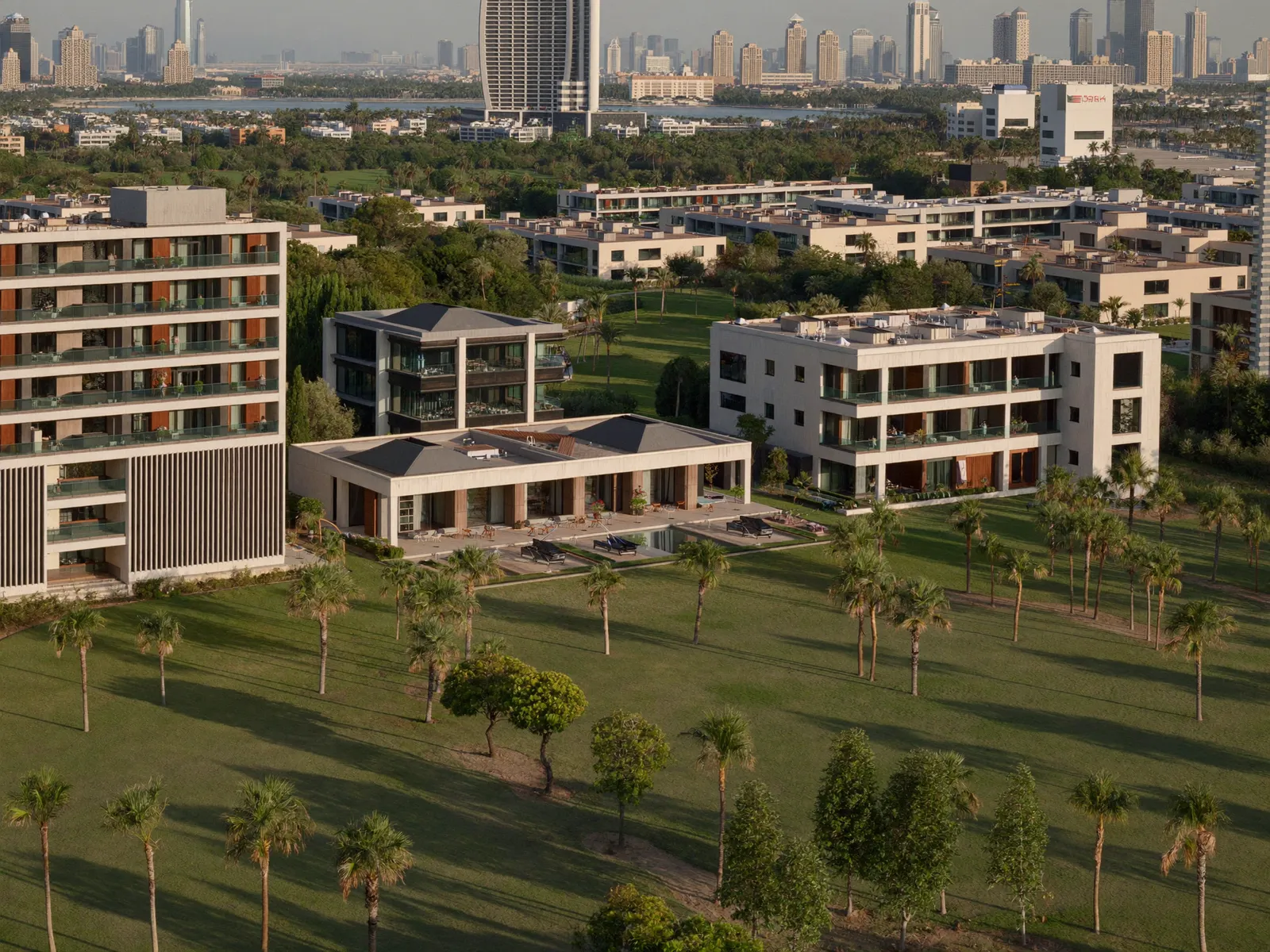 Modern apartments and villas beside a park in Dubai Hills Estate