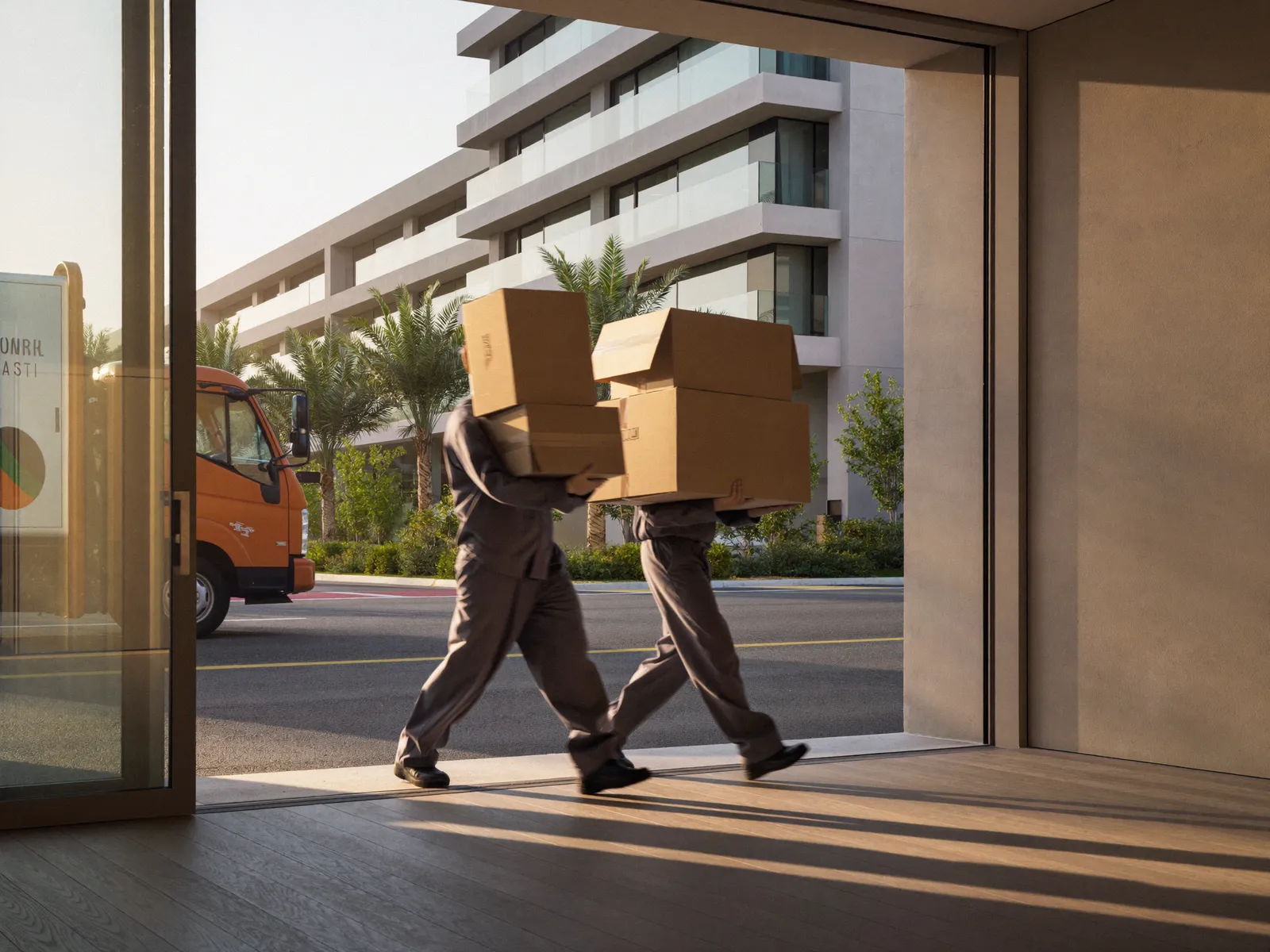 Two movers carrying boxes out of an apartment building lobby to a truck in JVC