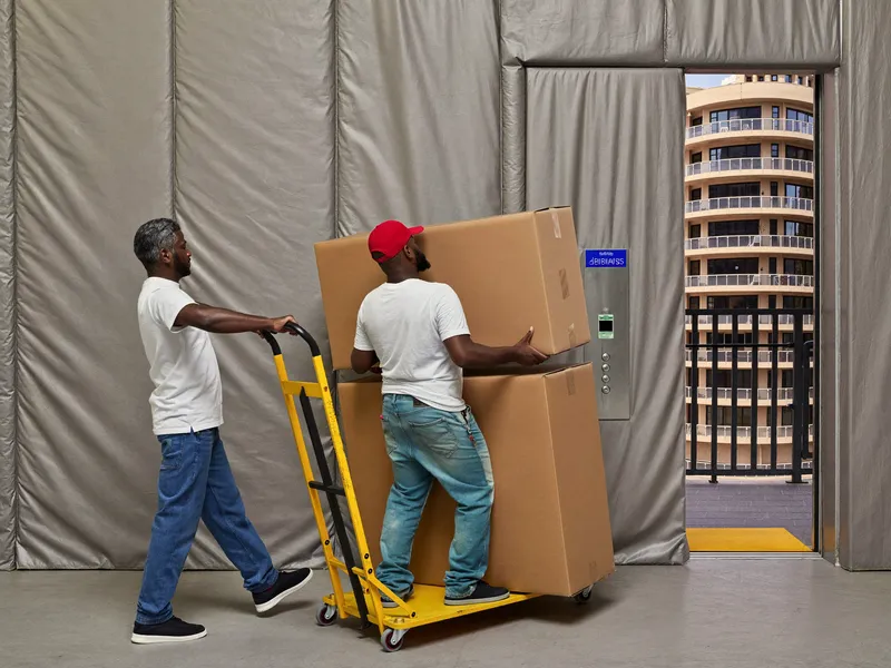 Movers wheeling boxes on a dolly into a padded service lift in a Dubai apartment tower