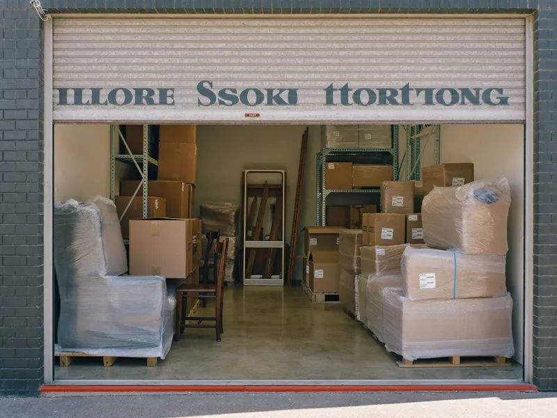 Storage unit with neatly stacked wrapped furniture and cartons on pallets