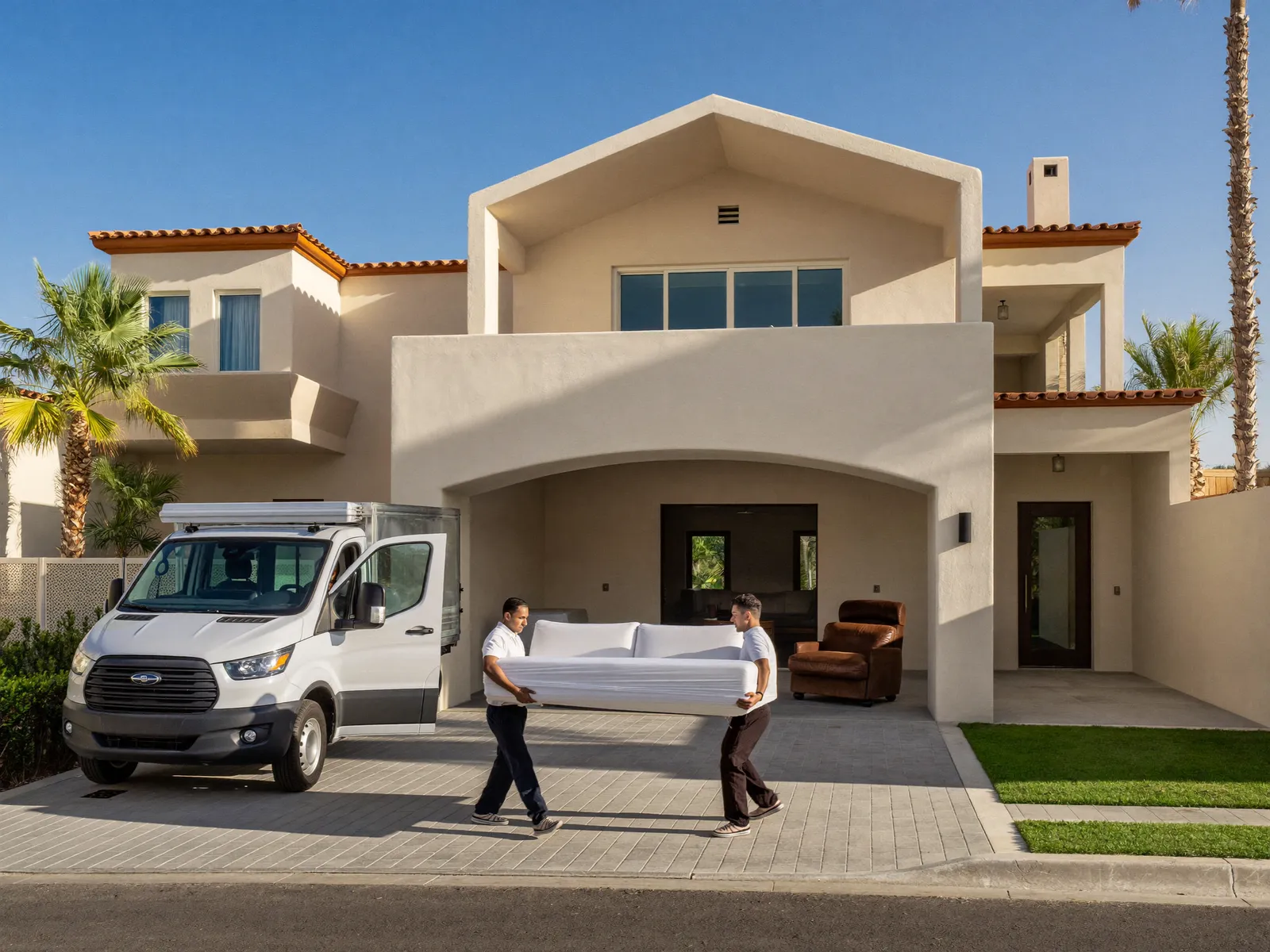 Moving crew carrying a wrapped sofa out of a two-storey Dubai villa to a truck